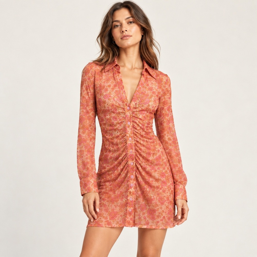 Lovers and Friends Mesh Shirt Mini Dress Sheer Long Sleeve Peach Pink Floral XS